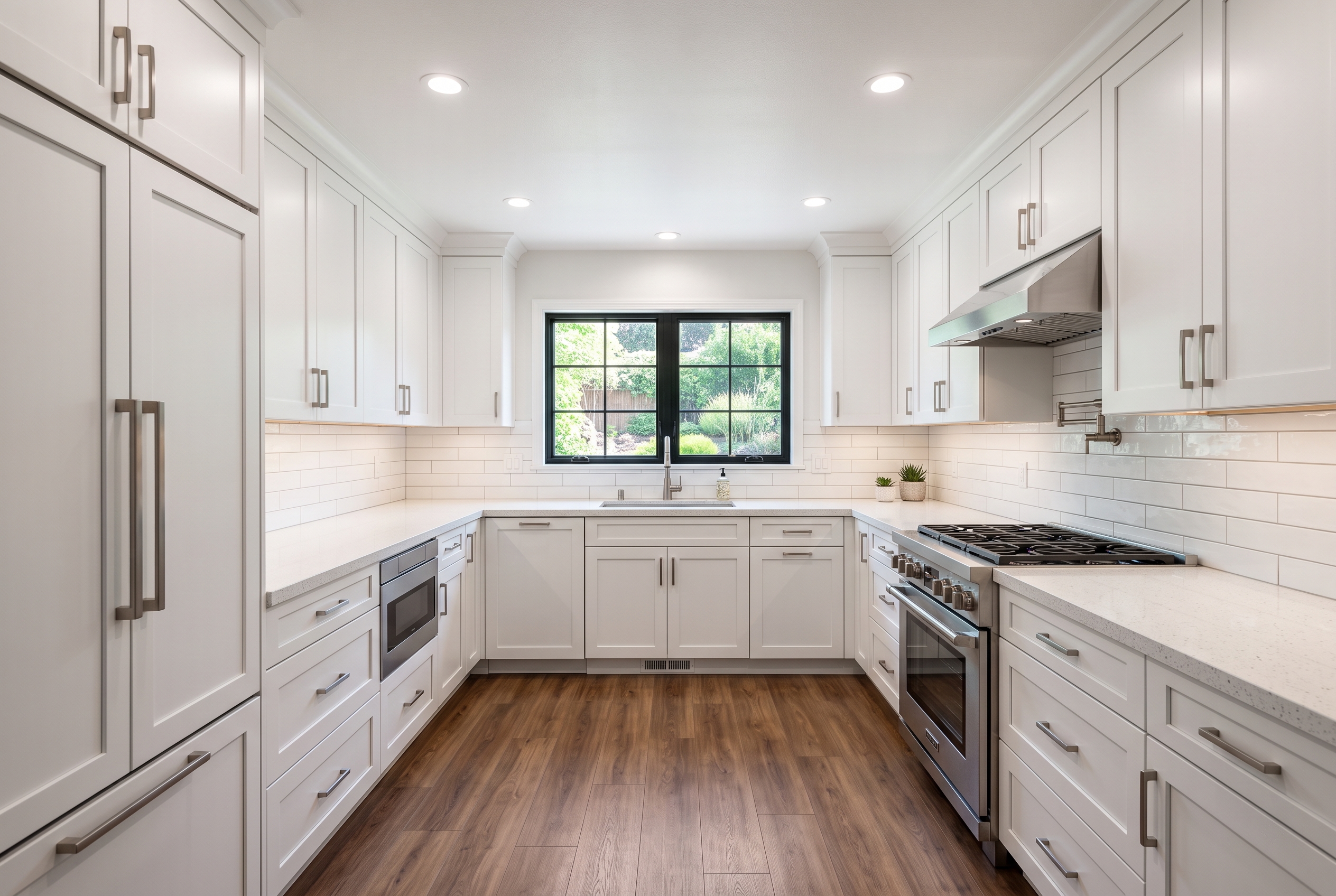 Renovated kitchen with white shaker cabinets, quartz countertops, and plank flooring